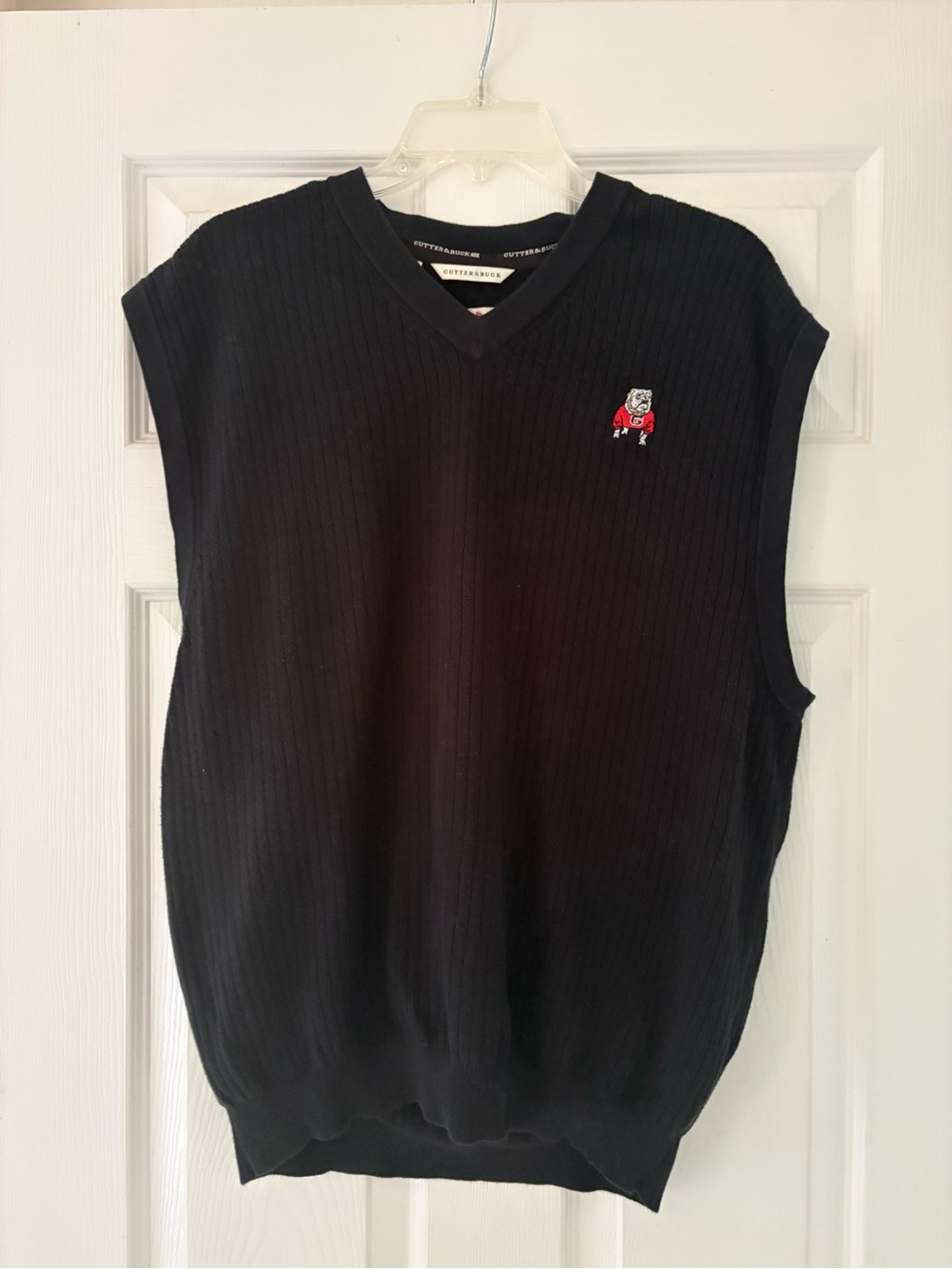 Cutter & Buck Black UGA V-Neck Sweater Vest with Red & White Embroidered Mascot